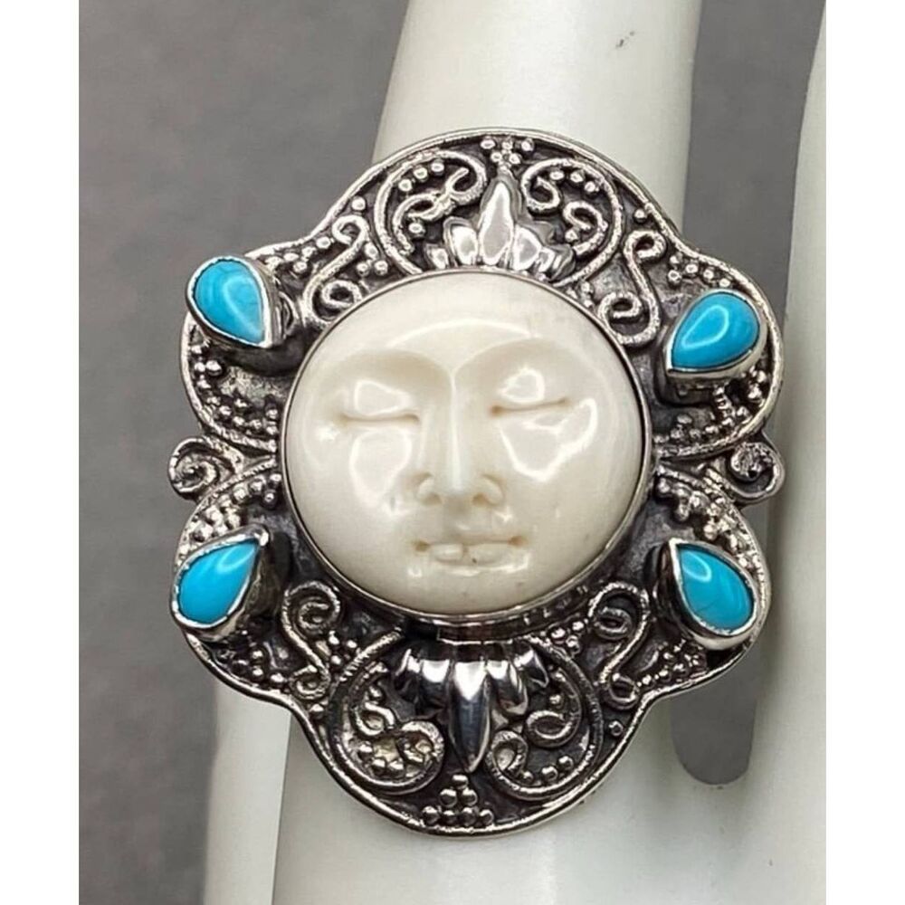 NWT STS Signed 925SS Carved Bone & Sleeping Turquoise Goddess Ring Sz 8/8.5
